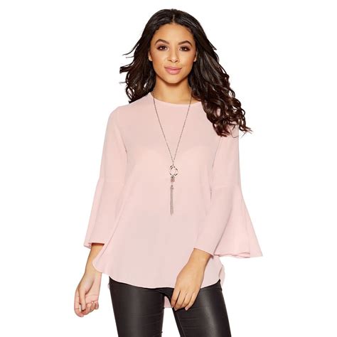 Pink Crepe Ruffle Sleeve Necklace Top Tops Necklace Top Tunic Tops