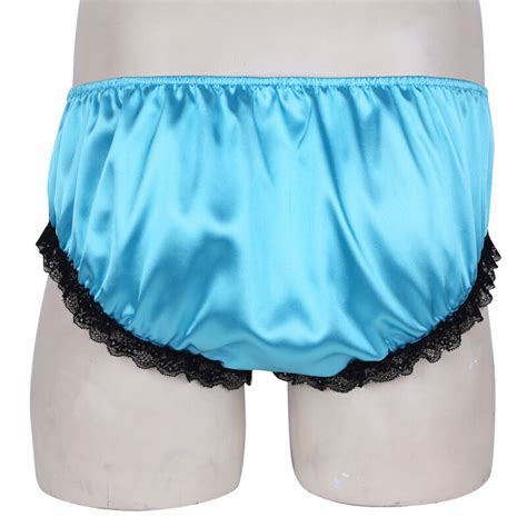 Mens Shiny Satin Lingerie Ruffled Lace Bulge Pouch Thong Underwear