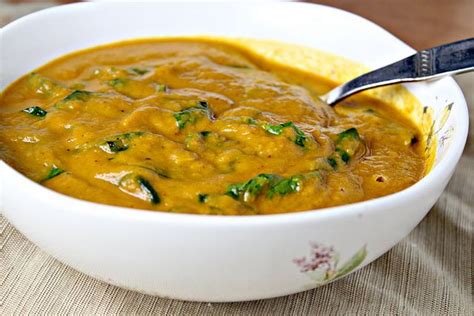 Nutty Sweet Potato Soup With Harissa And Spinach Joanne Eats Well