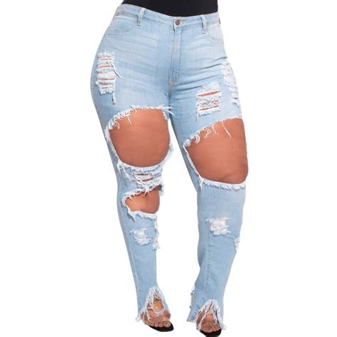 Light Blue Plus Size Pencil Jeans Women S Ripped Wash Jeans In