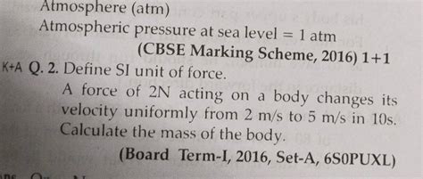 Atmosphere Atm Atmospheric Pressure At Sea Level 1 Atm Cbse Marking S