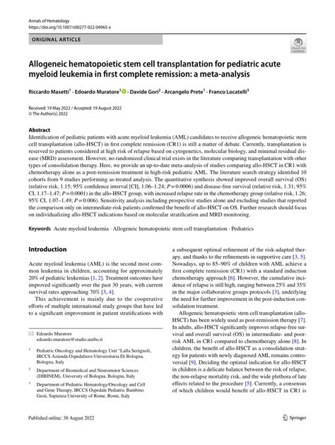 Pdf Allogeneic Hematopoietic Stem Cell Transplantation For Pediatric
