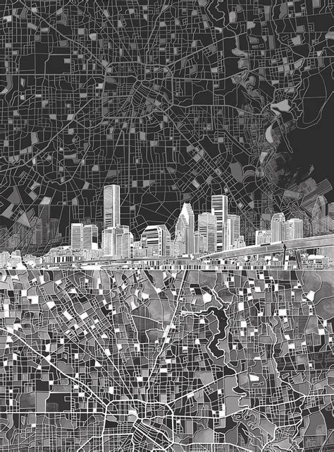 Houston Skyline Map Black And White Painting By Bekim M Fine Art America