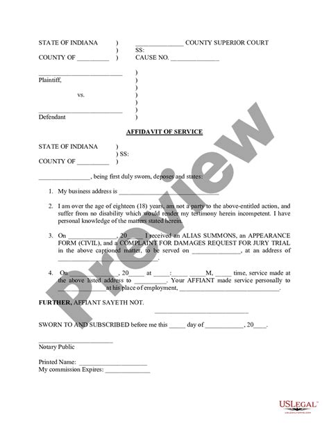 Indiana Affidavit Of Service Affidavit Of Service Us Legal Forms