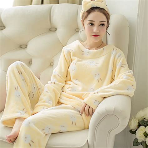Women Warm Winter Pajama Suits Casual Simple Cute Cartoon Thick Flannel Female Fashion Sweet