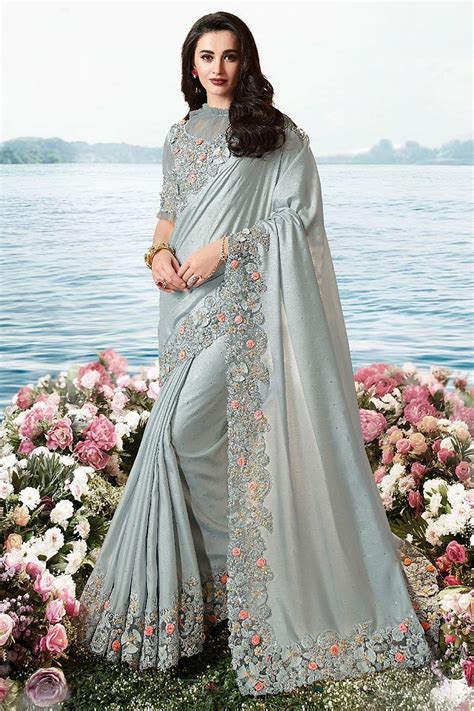Buy Grey Embroidered Saree In Art Silk Online Like A Diva