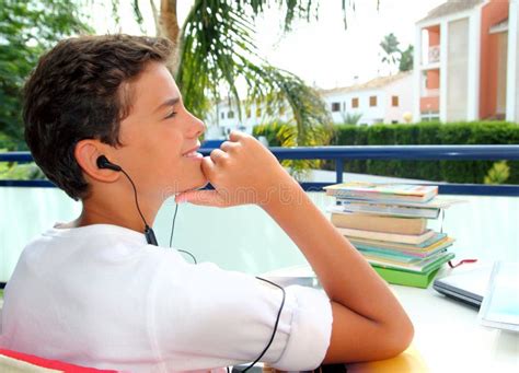 Boy Teenager Relaxed Outdoor Earphones Stock Image Image Of People