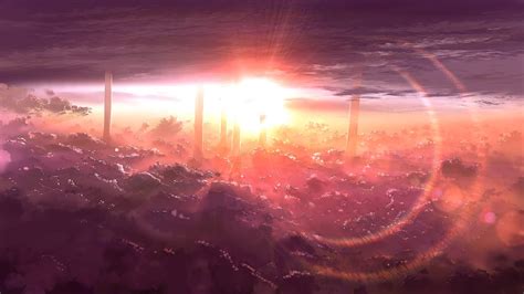 Anime Digital Wallpaper Clouds Landscape Sun Rays Sunset Hd