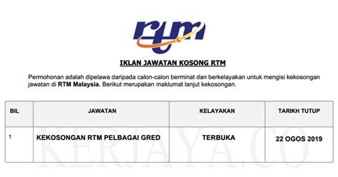 Jabatan penyiaran malaysia, rtm di kementerian/jabatan.bertanggungjawab tawau menjelaskan bayaran yang dituntut dan dengan ini membenarkan dan memberi kuasa kepada ketua jabatan memotong gaji saya bagi menjelaskan bayaran hospital yang dikenakan kerana rawatan diri. Jawatan Kosong Terkini Jabatan Penyiaran Malaysia (RTM ...