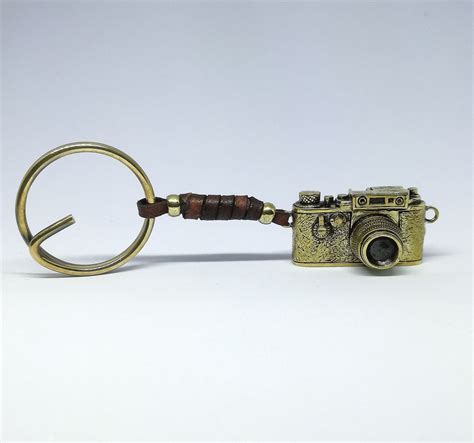 Photo Camera Leica Keychain Yellow Brass And Brown Leather Etsy