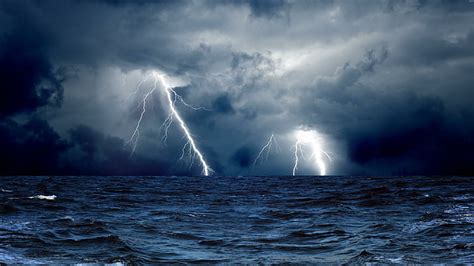 Sea Storm Lightnings Clouds Night Ocean Hd Wallpaper
