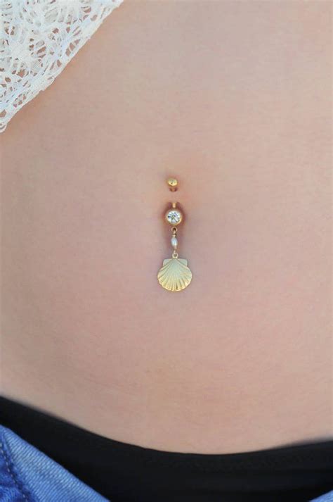 14k Goldfilled Seashell And Pearl Swarovski Bead Belly Button Etsy
