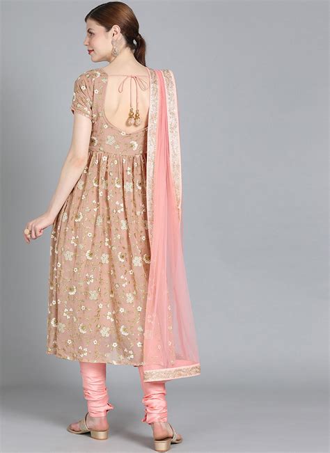 Shop Ethnovog Peach Embroidered Anarkali Suit Party Wear Made To Measure Dress For Women In