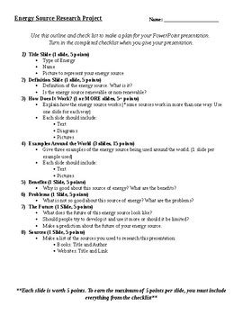 The outline for capstone project can start with a title page with your topic. Energy Source Research Project Outline and Checklist by ...