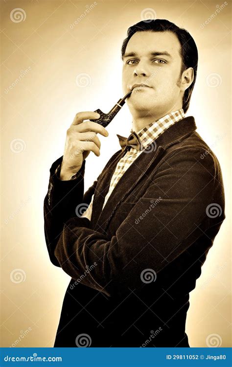 Retro Portrait Of A Gentleman Smoking Pipe Stock Photo Image Of Brown