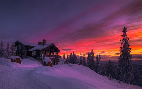 2048x1290 Winter Sunset Clouds Forest Cottage Snow Cold Norway Trees