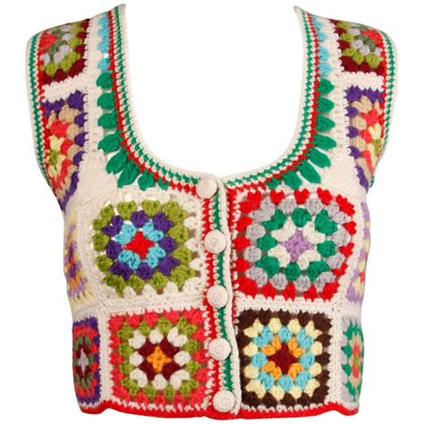 1970s Adolfo Vintage Wool Granny Squares Hand Crochet Sweater Vest Or