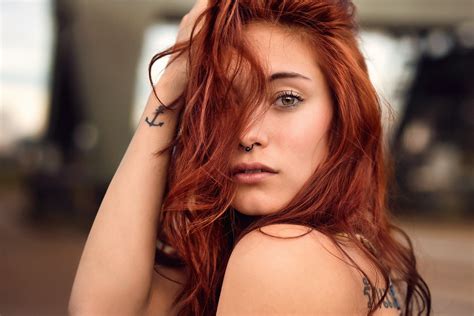 Women Tattoo Nose Rings Model Face Redhead Hazel Eyes Victoria