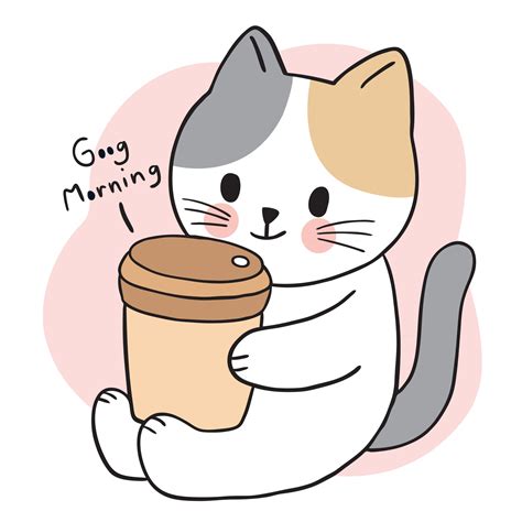 Cartoon Cute Cat Drink Cup Coffee Vector 2921120 Vector Art At Vecteezy