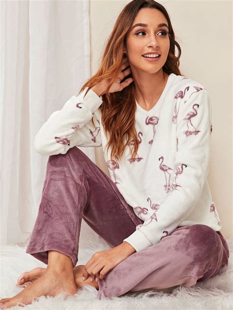 Lingerie Set Women Lingerie Flamingo Print Satin Shirt Pajamas Women Sleepwear Women Pj