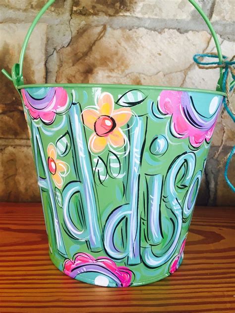 Green Floral Bucket Personalized Floral Bucket Green Bucket Etsy Easter Buckets Easter