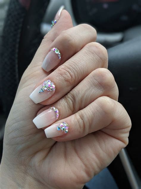 Pink And White Ombre Dip Powder Coffin Nails With Gem S Ombre Nails Dipped Nails Nail Colors