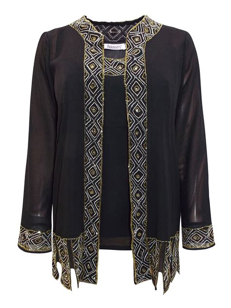 Roamans Roamans Black Bead And Sequin Embellished Top And Jacket Set