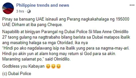 honest pinay ofw surrenders lost cash and cheque to dubai police