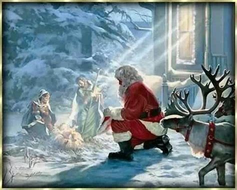 Santa Claus Kneeling In Front Of Baby Jesus Christmas Scenes