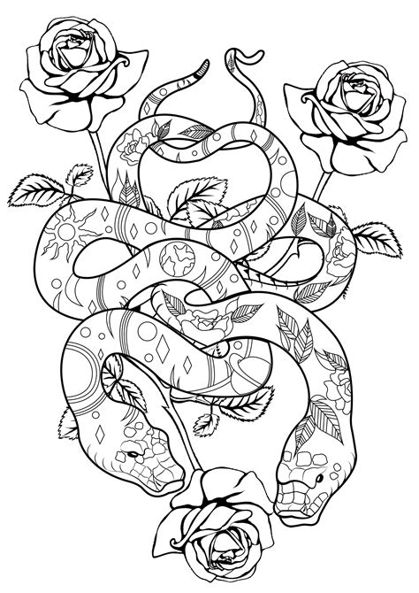 They can use yellows for the spotted and striped ones. Snakes & roses - Snakes Adult Coloring Pages