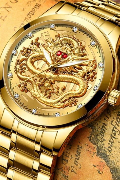 Gold Luxury Dragon Watch Fossil Watches Brown Leather Strap Watch