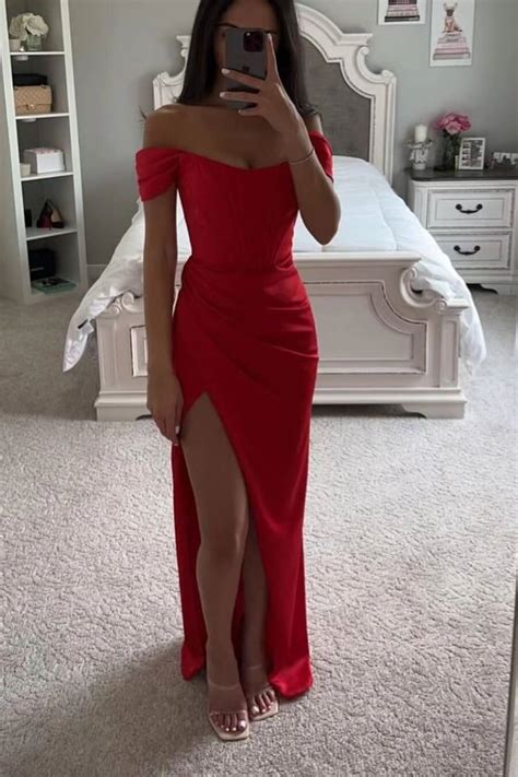 Miabel Red Long Off The Shoulder Slit Mermaid Prom Dress