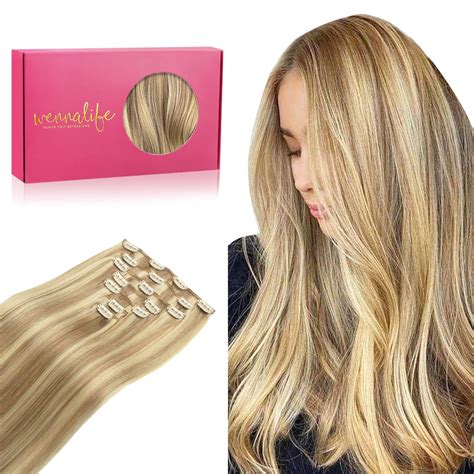 Wennalife Clip In Human Hair Extensions 14 Inch 120g 7pcs Light Blonde Highlighted Golden Blonde
