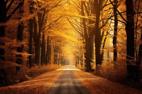 Premium Ai Image Autumnal Road In The Forest With Yellow Leaves And