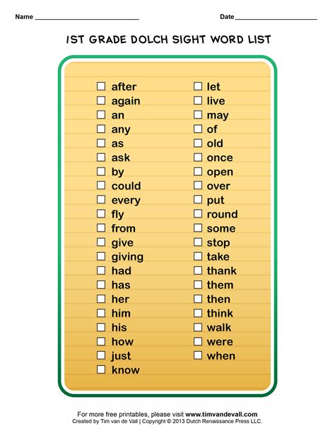 Dolch Sight Words Lists For Pre K Kindergarten 1st 2nd And 3rd Grade