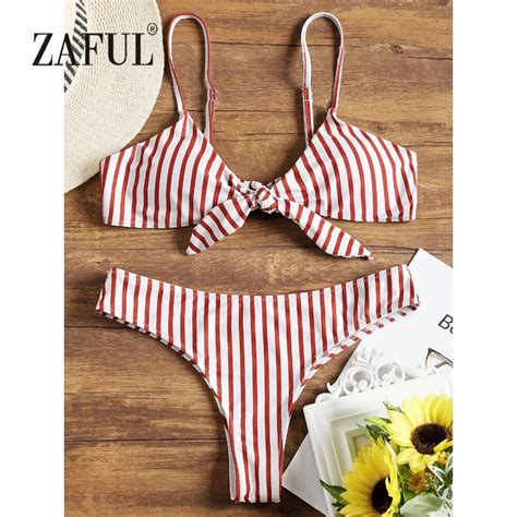Zaful Bikini Striped Front Knotted Women Swimsuit Swimwear Spaghetti