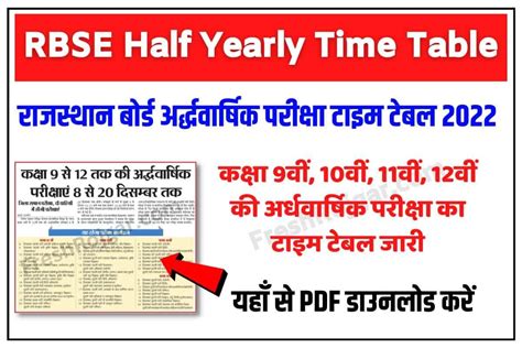 Rajasthan Board Half Yearly Exam Time Table 2022 राजस्थान बोर्ड कक्षा 9