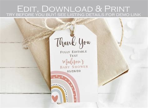 Editable Boho Rainbow Thank You Tag Printable Baby Shower Etsy