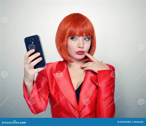 Redhead Girl In Red Photographs Himself On Smartphone Stock Image Image Of Lady Handy 63639289