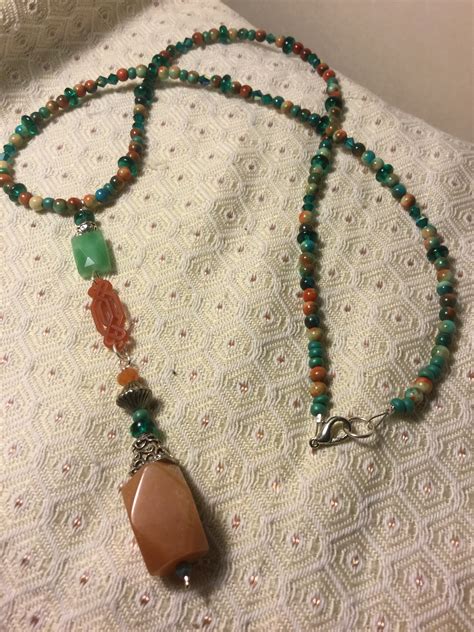 Handmade Beaded Peach Stone Necklace Turquoise Lariat Style Etsy Italia