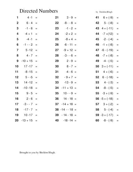 Directed Numbers Worksheets For Grade 6