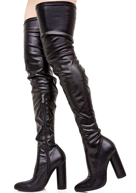 black faux vegan leather thigh high heeled boots dolls kill
