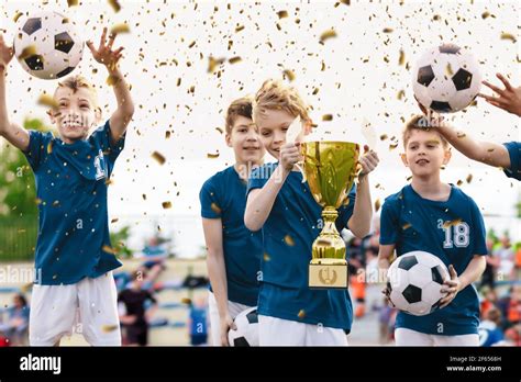 Soccer Team Celebration Cheerful Children Celebrating Success In