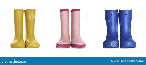 Set With Different Colorful Rubber Boots On White Background Banner