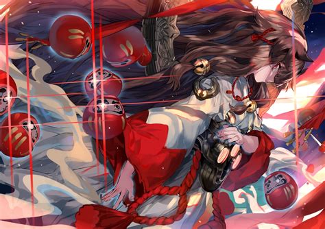 Wallpaper Profile View Miko Anime Girl Long Hair Japanese Clothes