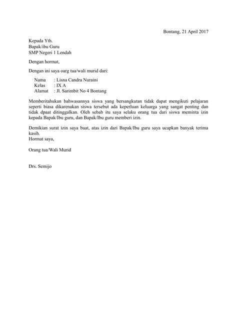 Contoh surat izin tidak sekolah karena peristiwa, acara atau kegiatan tertentu. Contoh Surat Izin Sakit Sekolah SMA - Gawe CV