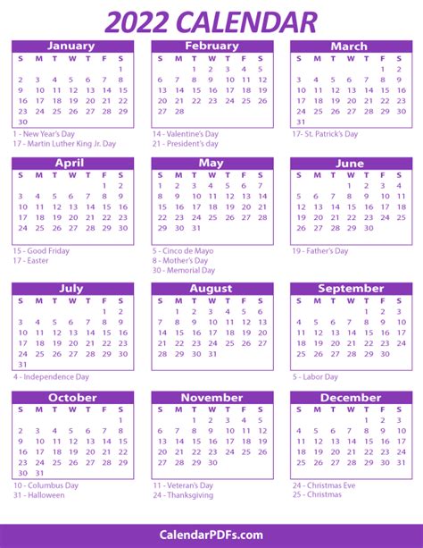 2022 Printable Yearly Holiday Calendar On One Page