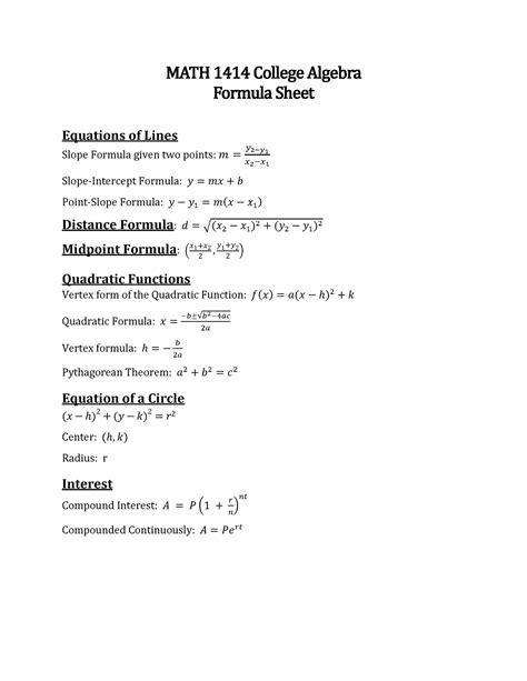 Formula Sheet Math 1414 College Algebra Formula Sheet Equations Of