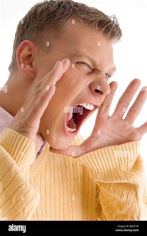 Side Pose Of Yelling Male Stock Photo Alamy