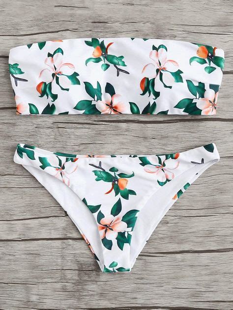 White Flower Print Swimsuit Bandeau Top With Low Rise Bikini Bottom